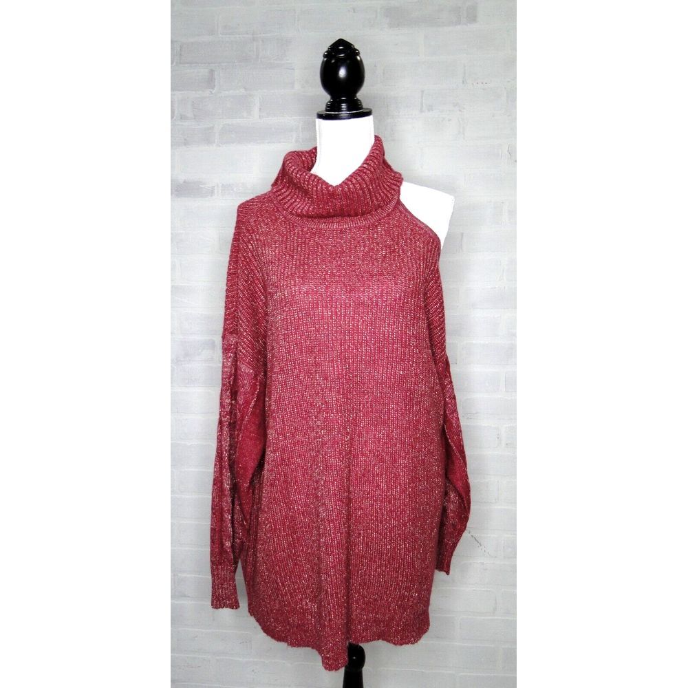 Torrid Sweater Women Size 2 Red Metallic Knit Turtle-Neck Cold Shoulder Pullover